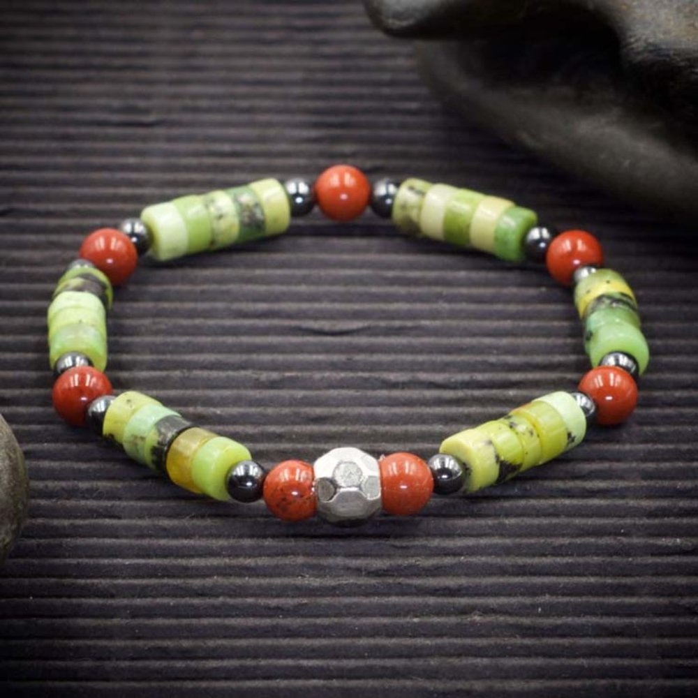 Chrysoprase Red Jasper and Hematite Stretch Bracelet - Handmade to Order